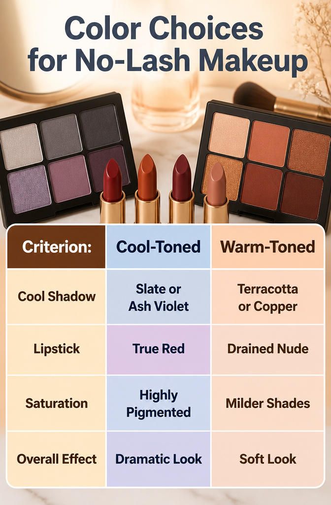 Makeup With No Lashes: A 2026 Guide to Full Looks 7 Swatches of eyeshadow colors for no-lash makeup.