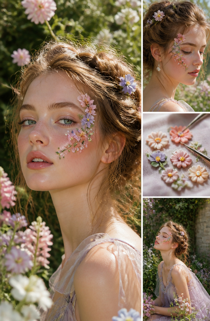 16 Cool Makeup Designs for 2026: From Ocean Eyes to Soft Glam 7 Model with floral decorations around her eyes using Fimo blossoms.