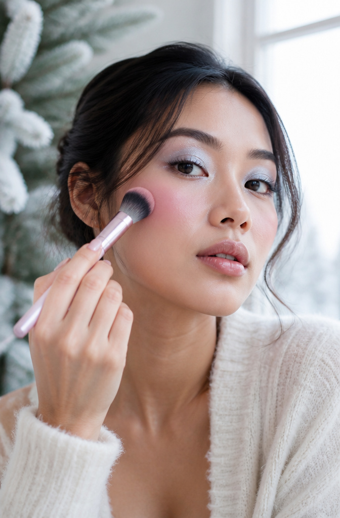 Icy Makeup Look: Tutorial for Winter 2026 in 7 Steps 7 Model with rosy blush on her cheeks and nose for a winter look.