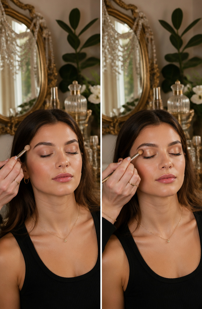 12 Hooded Eyes Makeup Styles That Keep Color Visible 7 Model's eyes with satin highlight applied above the iris.