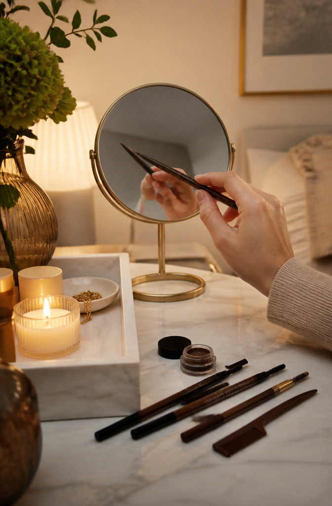 Natural Basic Makeup: A 10-Step Guide for 2026 7 Hand using a brow pencil at a vanity with a compact mirror.