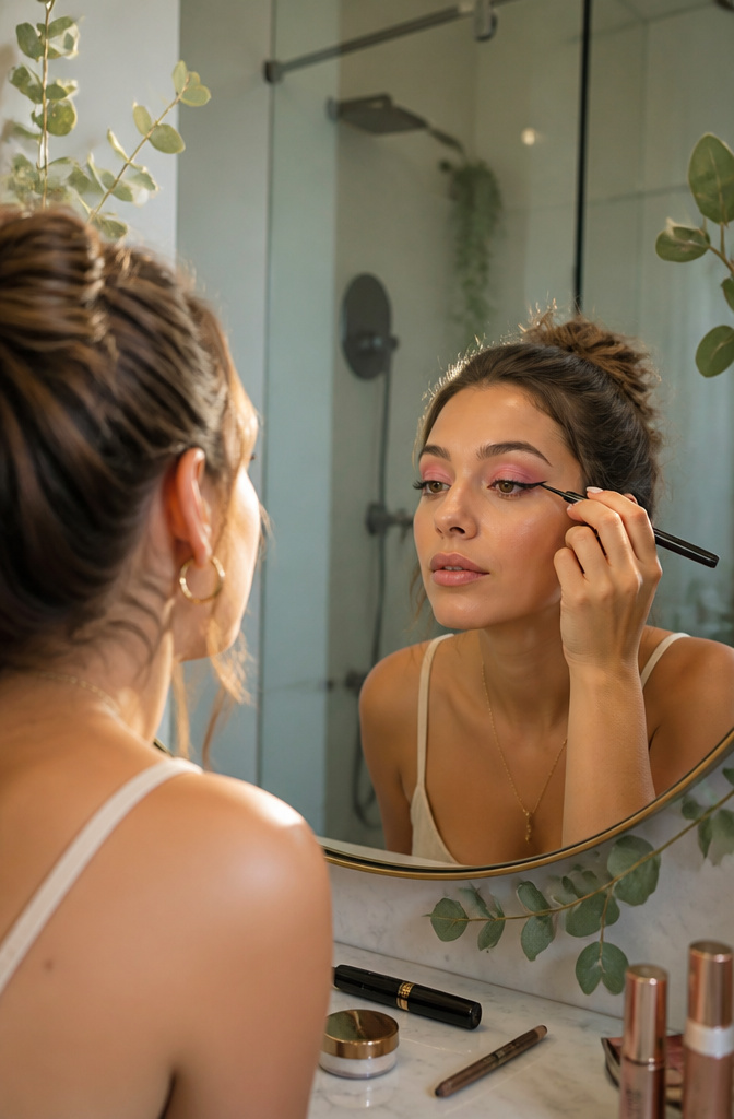 7 Steps: Pink Eyeshadow Tutorial for Soft to Smoky Looks (2026) 7 Model applying waterproof liquid eyeliner along the upper lash line.
