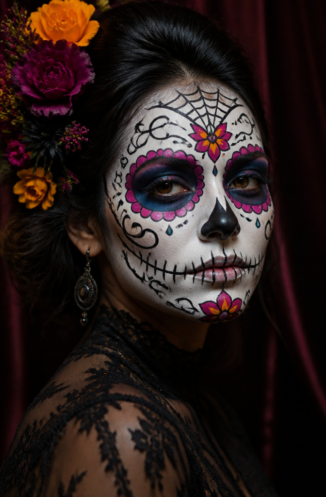 16 Cool Makeup Designs for 2026: From Ocean Eyes to Soft Glam 8 Model's face transformed into a Sugar Skull with vibrant colors and designs.