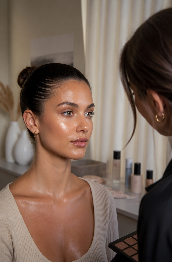 Artistic Make Up: A 10-Step Guide to Creative Application 8 Model applying highlighter to her cheekbones and nose.