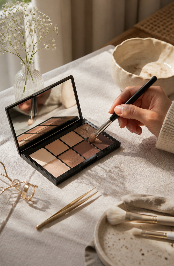 Natural Basic Makeup: A 10-Step Guide for 2026 8 Neutral eyeshadow palette displayed on a linen cloth.