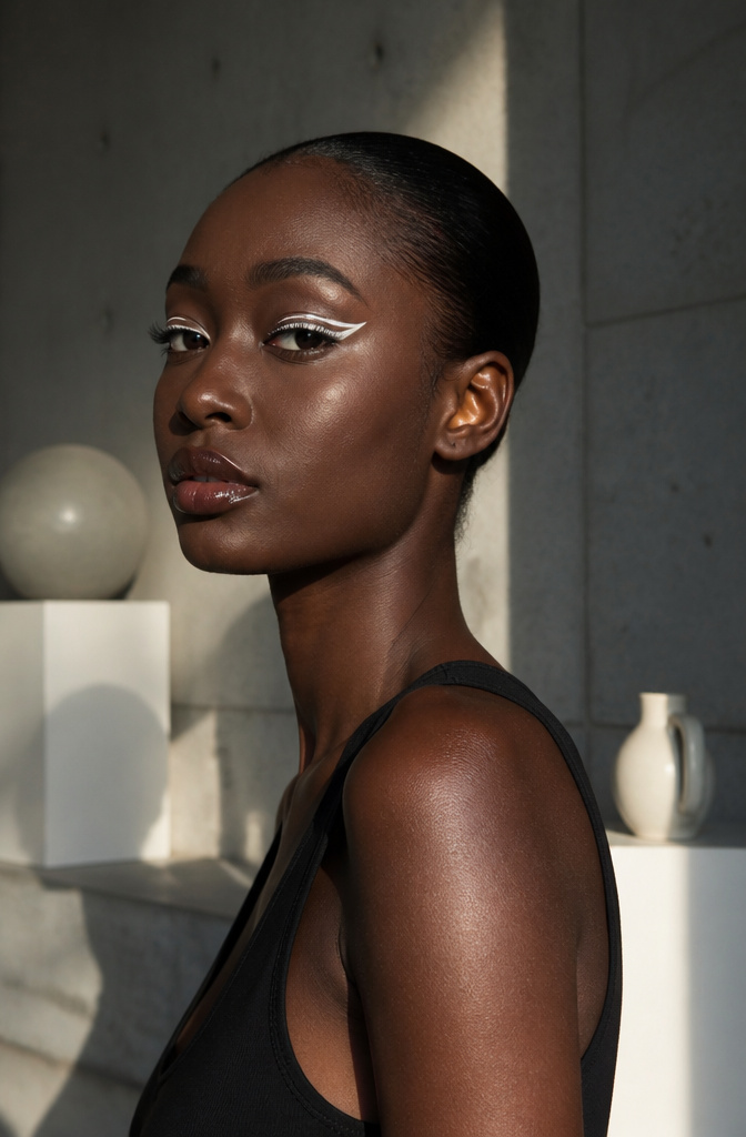 20 Black Makeup Looks for Every Mood and Moment 8 A model with bright white eyeliner framing her eyes.