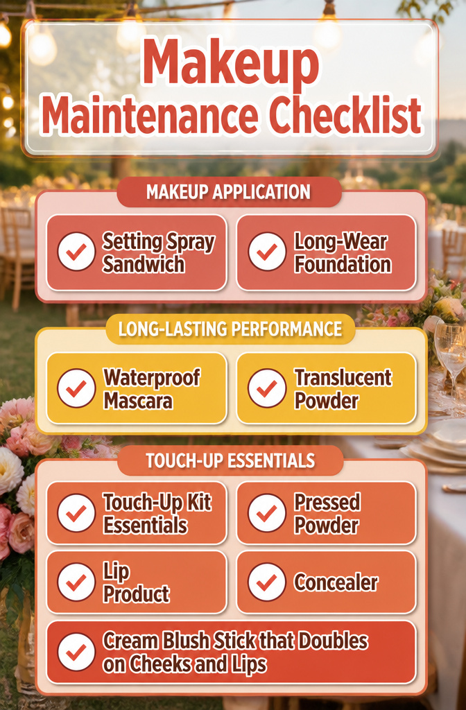 Wedding Guest Makeup: A Research-Based Guide to Modern Looks 8 An image showing a checklist for maintaining makeup during an event.