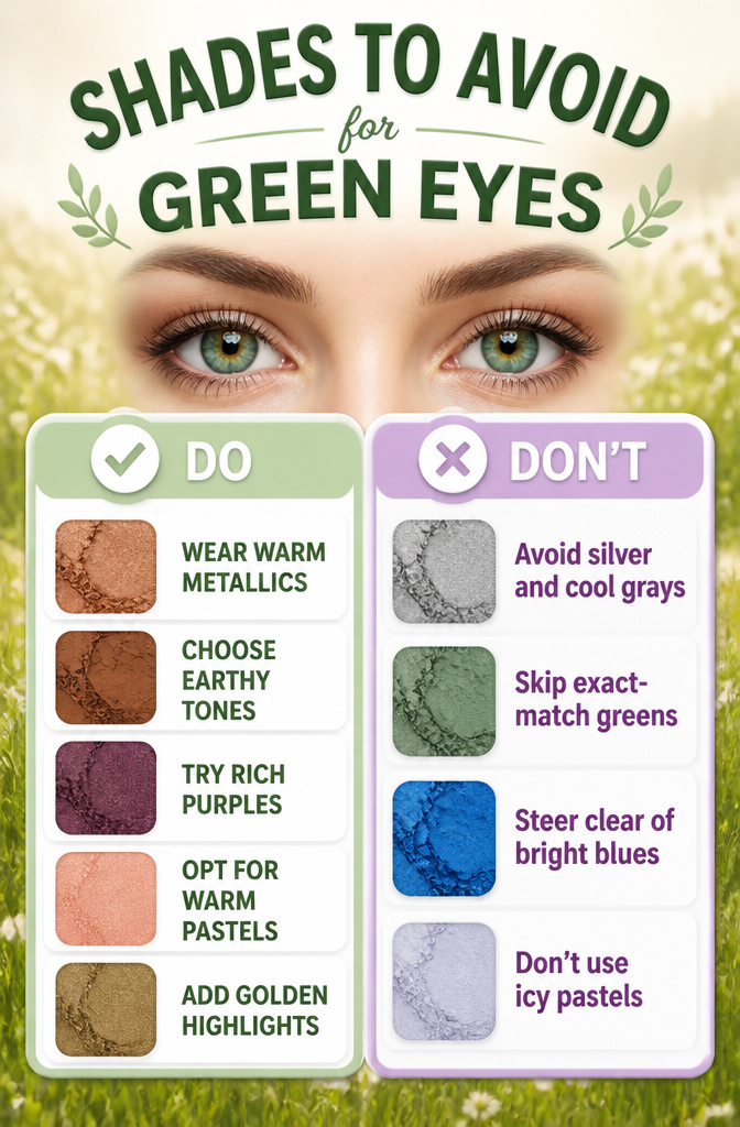 Ideas for Dark Green Eyeshadow: 8 Complementary Palettes 2026 8 An information graphic listing shades to avoid for green eyes.