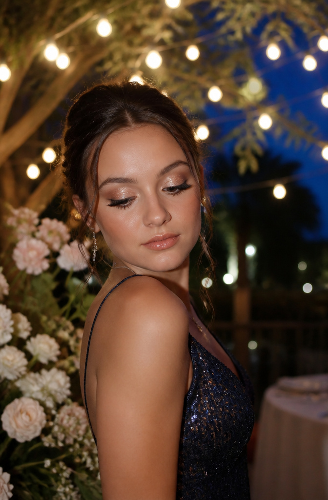 Unique Prom Makeup: 10 Looks for the Night, From Soft Glam to Vintage and Beyond 8 A model with glittery eye makeup and subtle neutral shadows.