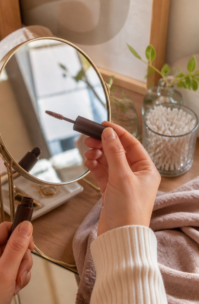 Natural Basic Makeup: A 10-Step Guide for 2026 9 Hand applying brown mascara to lashes in front of a mirror.