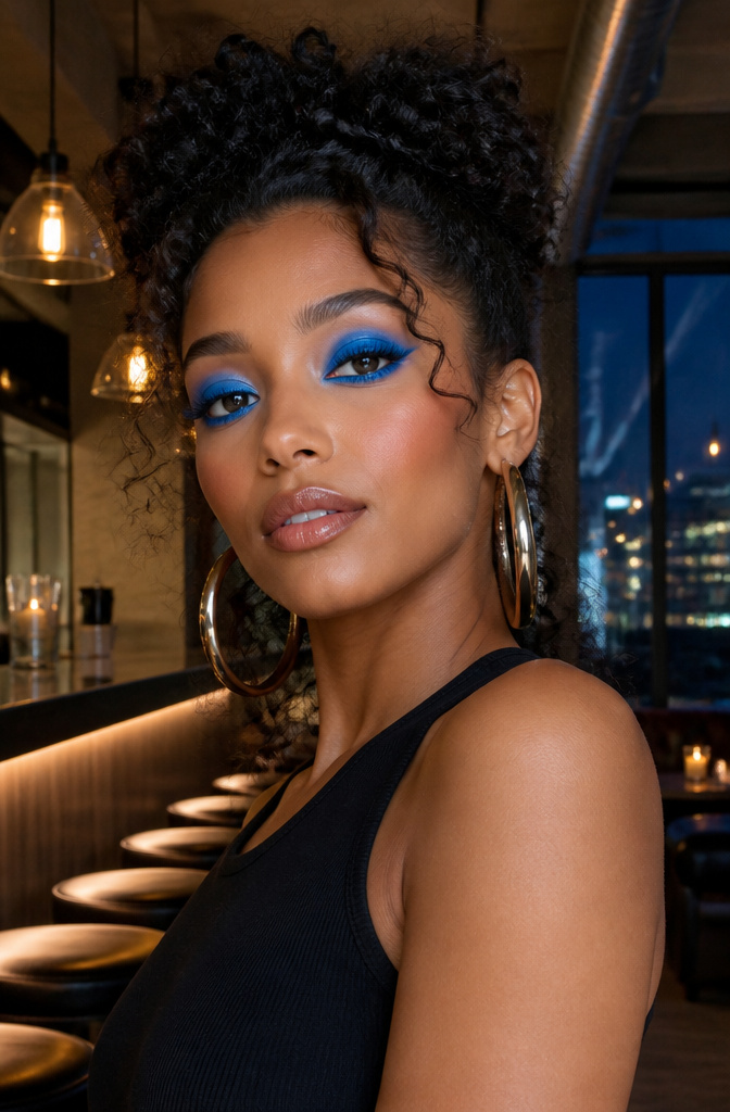 11 Fun Makeup Ideas for Brown Eyes in 2026 9 Model wearing cobalt blue eyeshadow against brown lids.