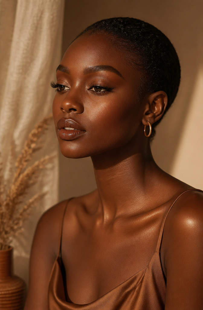 20 Black Makeup Looks for Every Mood and Moment 9 A model with bronzed makeup that matches her skin tone.