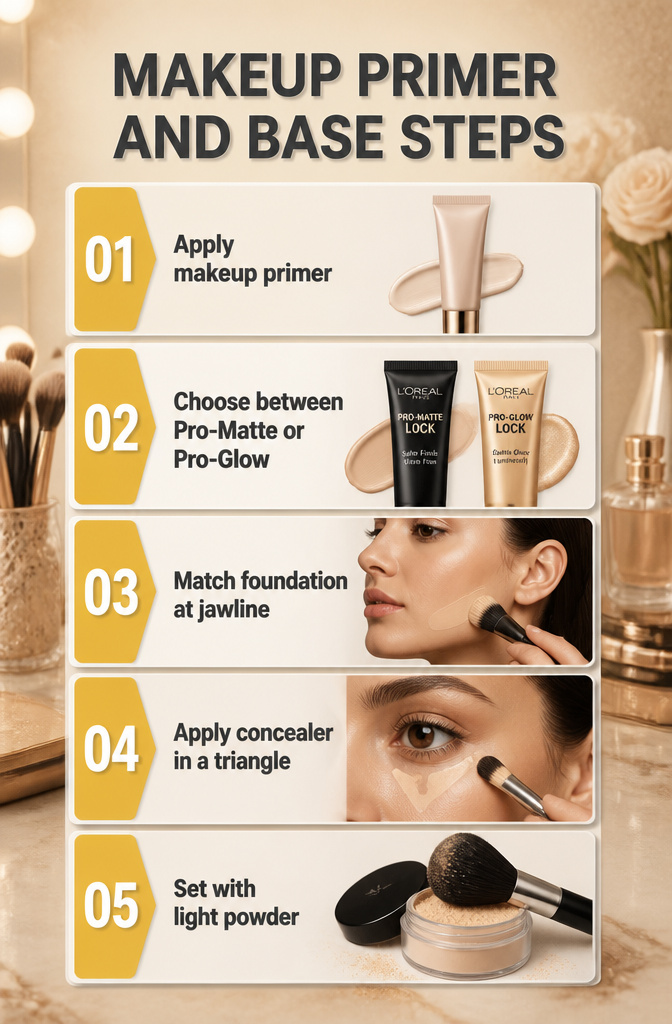 7 Makeup Ideas for a Black Dress: Work to Night 2026 9 Information image on makeup primer and base steps for black dress.