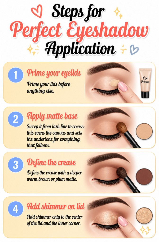 Ideas for Dark Green Eyeshadow: 8 Complementary Palettes 2026 9 Graphic detailing the steps for applying eyeshadow correctly.