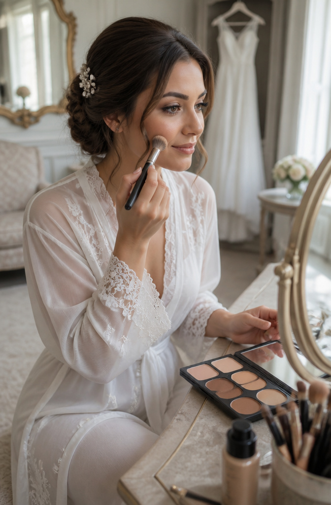 Natural Wedding Day Makeup: A 2026 Guide to Styles and Methods 9 Makeup artist applying contour beneath foundation for a sculpted look.