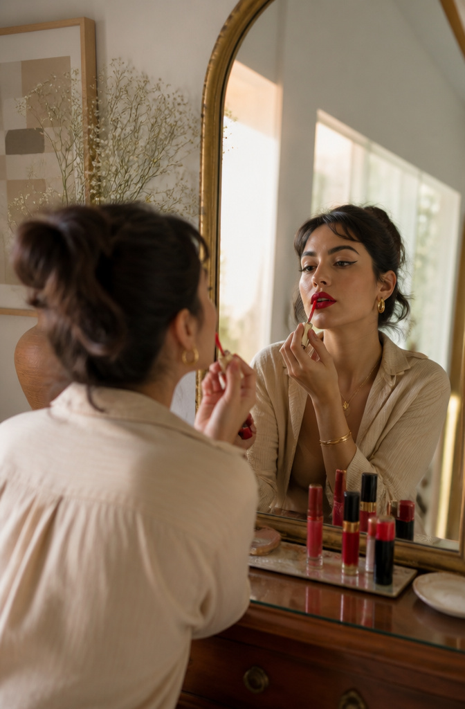 Artistic Make Up: A 10-Step Guide to Creative Application 9 Model applying red lipstick in front of a mirror.