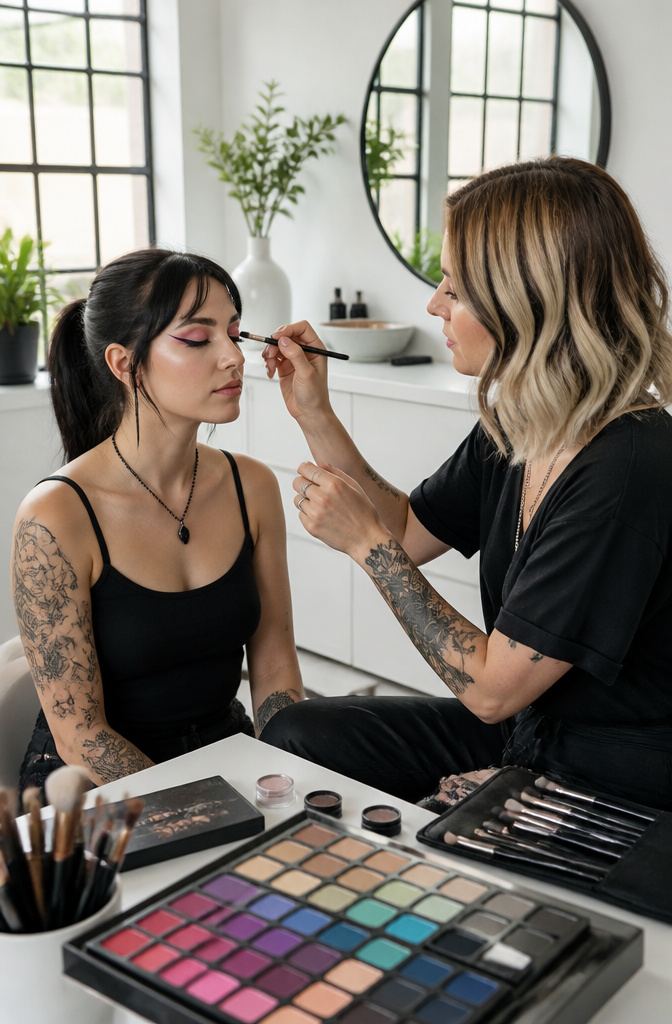 How to Do Easy Alt Makeup: 6 Steps for Alternative Looks in 2026 10 Makeup artist using an angled brush for eyeliner on a model.