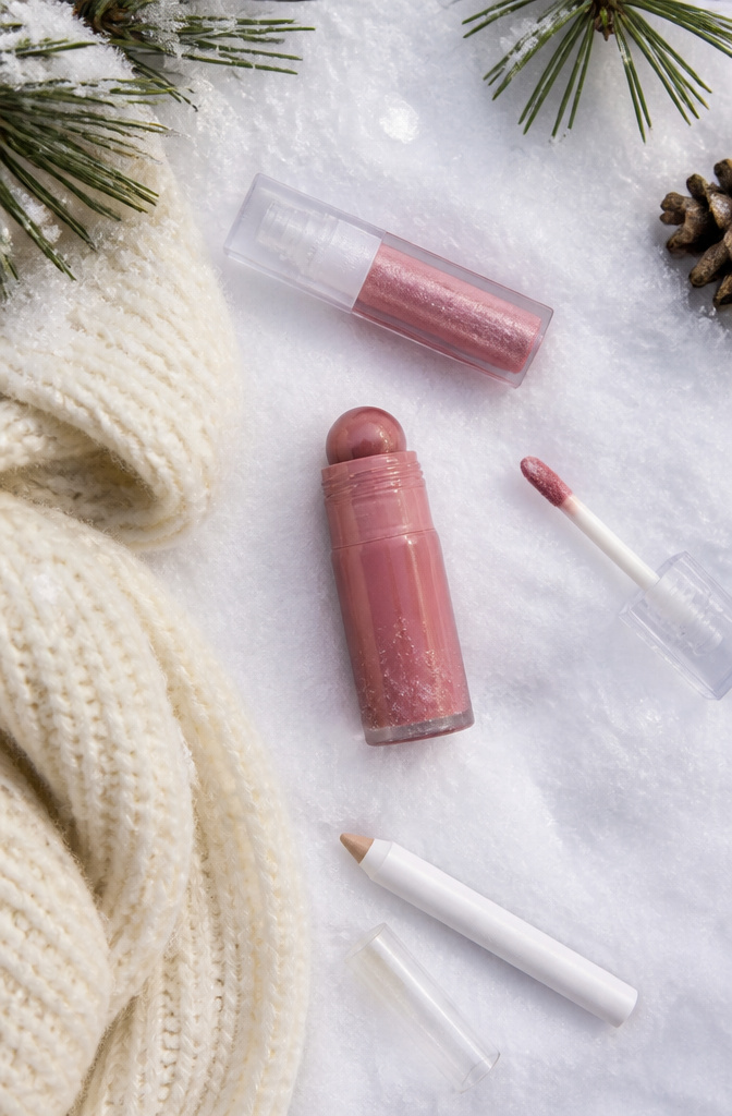 Icy Makeup Look: Tutorial for Winter 2026 in 7 Steps 10 Cream blush and lip gloss products arranged for icy makeup.