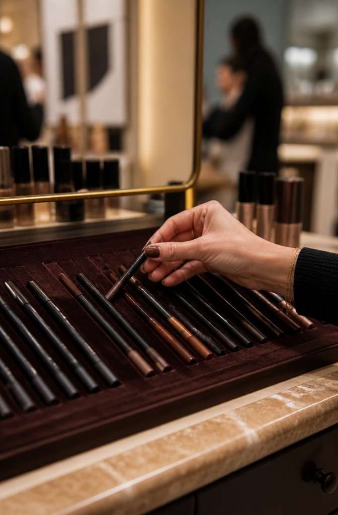 Ideas for Dark Green Eyeshadow: 8 Complementary Palettes 2026 10 Array of eyeliners with a focus on brown and plum shades.