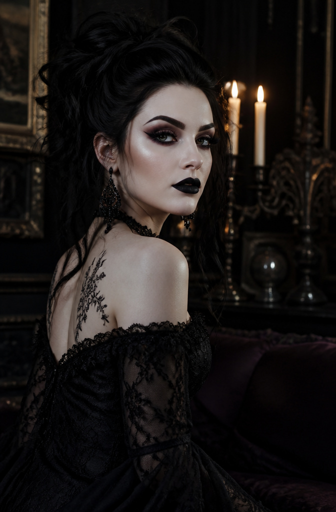 16 Cool Makeup Designs for 2026: From Ocean Eyes to Soft Glam 10 Model with deep black lipstick and striking dark eye makeup.