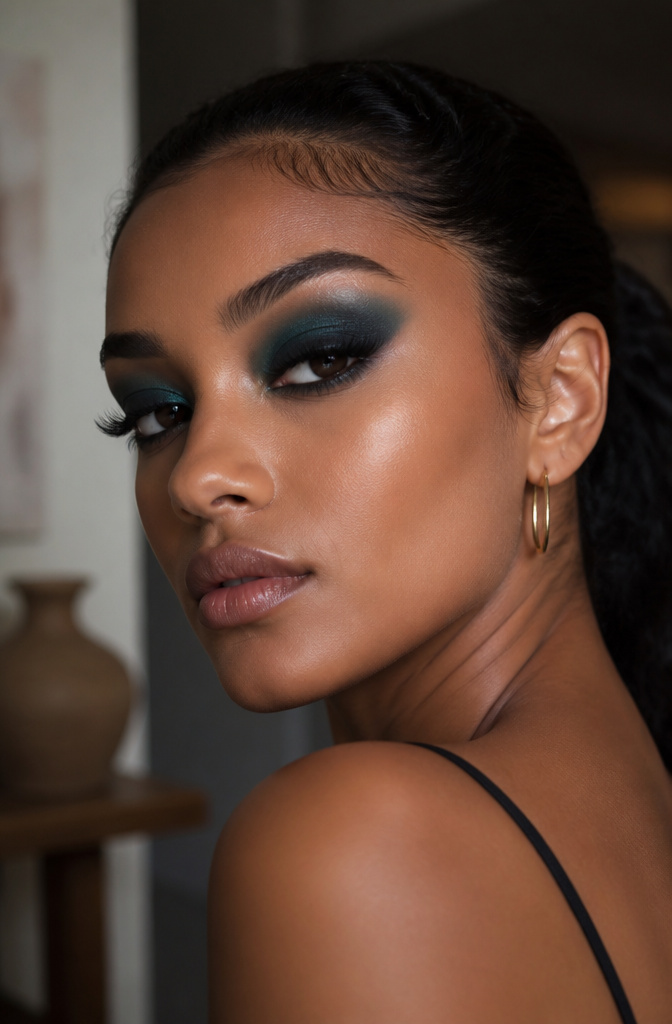 20 Black Makeup Looks for Every Mood and Moment 10 A model with black and teal eyeshadow blending together.