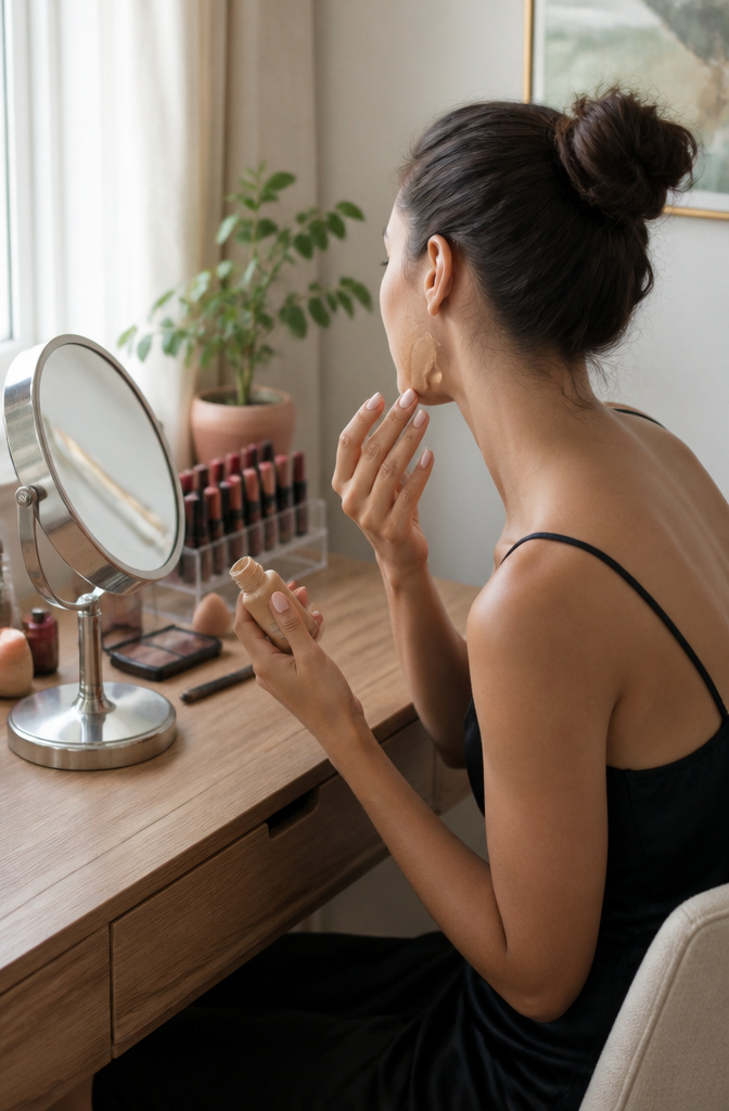 7 Makeup Ideas for a Black Dress: Work to Night 2026 10 Model blending foundation at a well-organized makeup table.