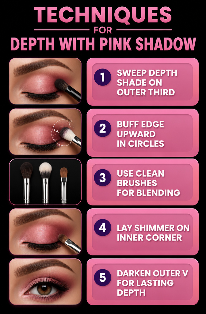7 Steps: Pink Eyeshadow Tutorial for Soft to Smoky Looks (2026) 10 Information graphic showing techniques for depth with pink eyeshadow.