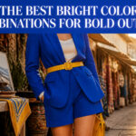 A model wearing various bright color combinations in outfits.
