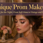 A collage of various unique prom makeup looks displayed together.