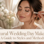 Bride applying natural wedding day makeup with soft lighting.