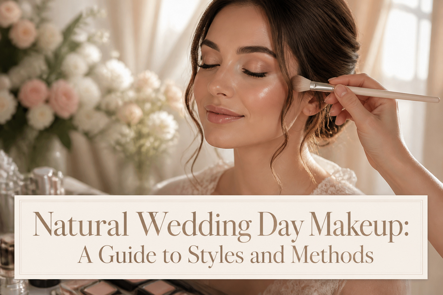 Bride applying natural wedding day makeup with soft lighting.