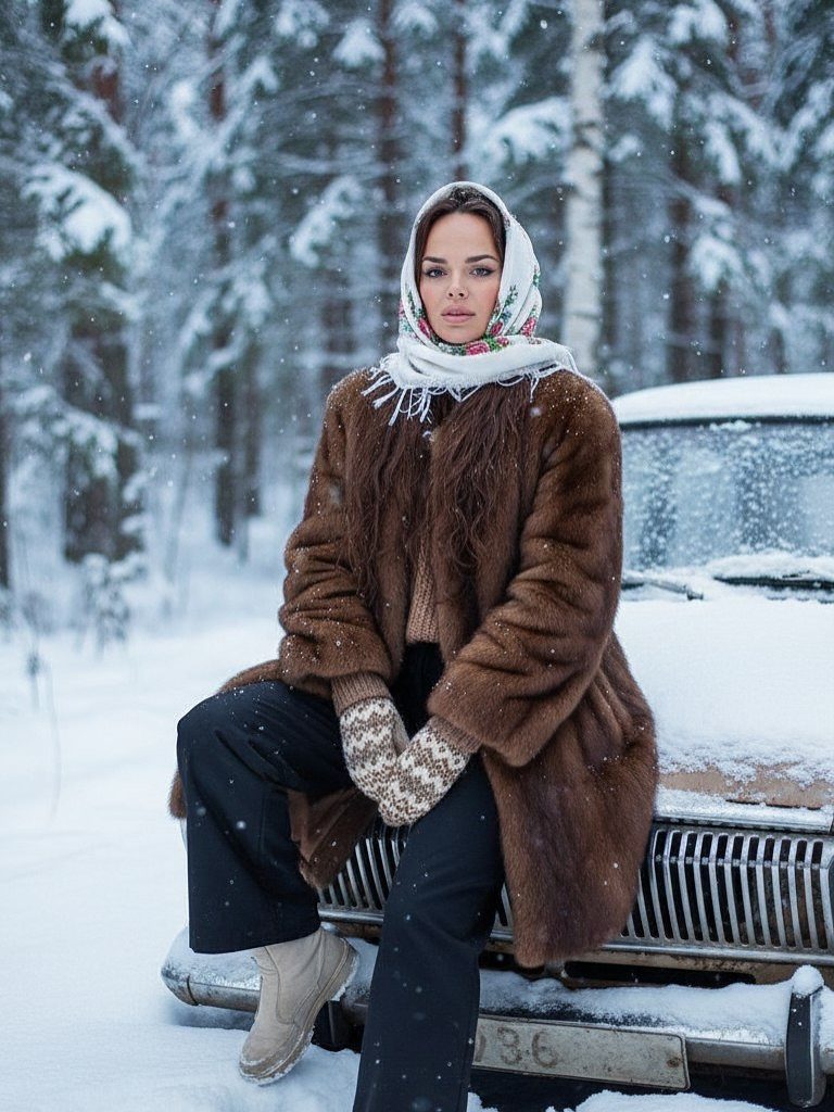 Woman in brown fur coat and floral headscarf sitting on vintage car in snow.