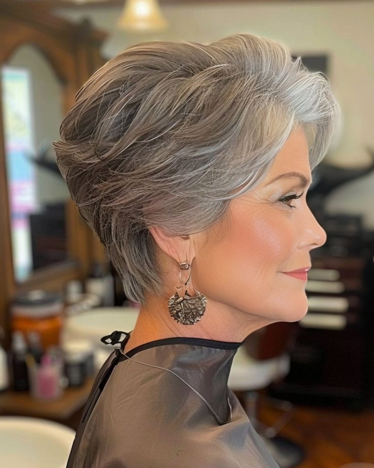 Middle-aged woman with a voluminous silver and grey short pixie haircut in a salon.