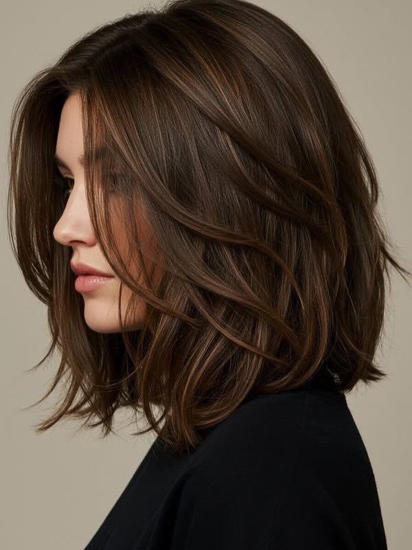 Woman with brown shoulder length layered hair in a voluminous side profile view