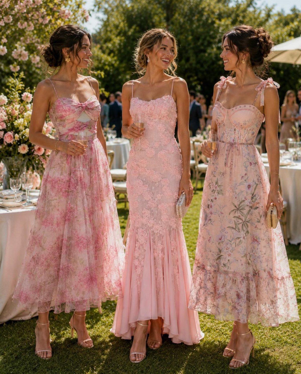 Three women in elegant pink floral and lace dresses at a summer garden party.